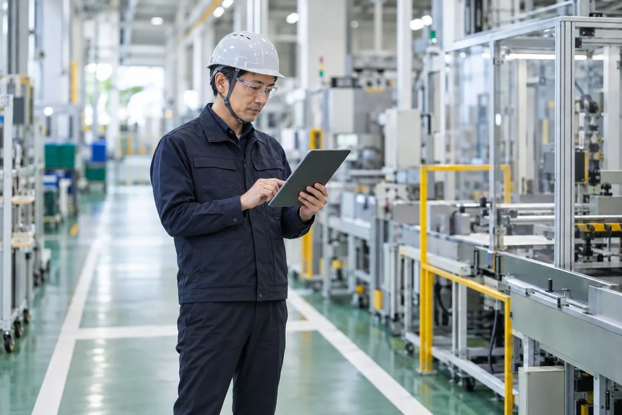 工場で、タブレットを手に確認する社員