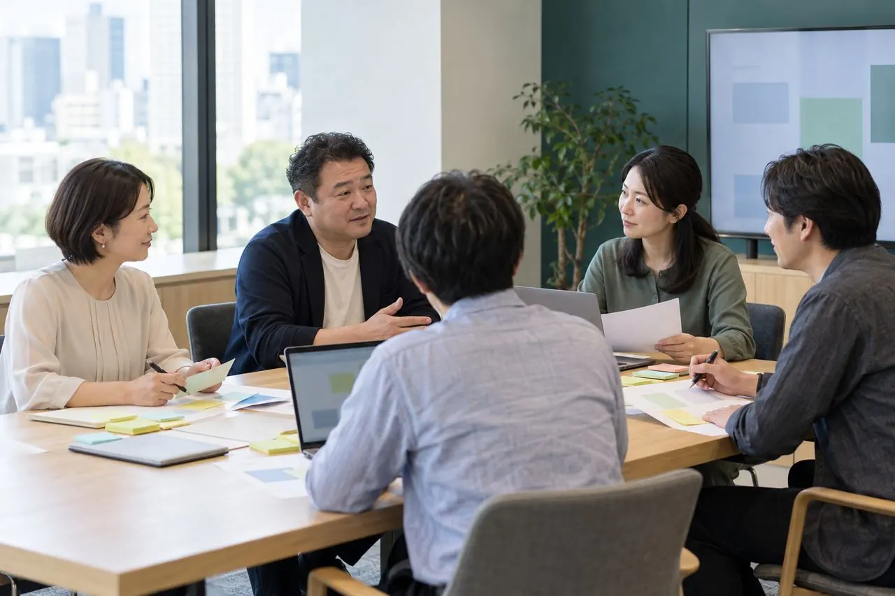 テーブルを囲んで、役割分担を話し合う打ち合わせ